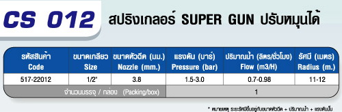 ตาราง CS 012 หัวสปริงเกลอร์ SUPER GUN